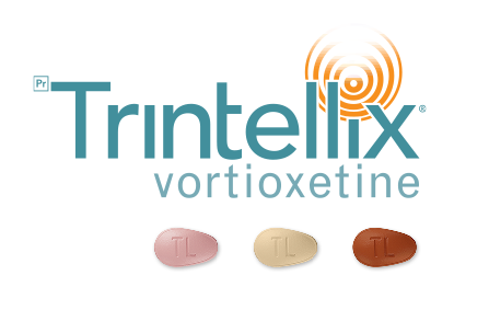 Trintellix logo with 5mg, 10mg, and 20mg Trintellix tablets