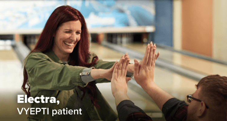  Electra, VYEPTI patient, high-fiving a friend
