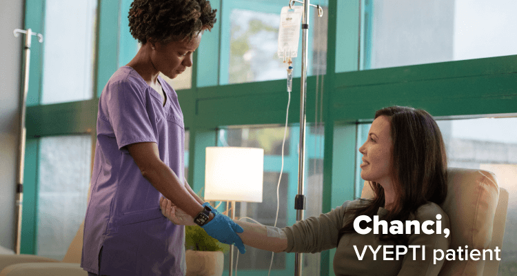 Chanci, VYEPTI patient, at an infusion center